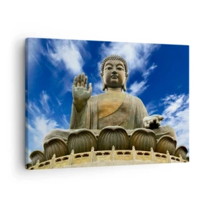 Quadro su tela - Stampe su Tela - Una statua monumentale del Buddha contro un cielo azzurro con nuvole - 70x50cm - Vivere senza paura - Decorazione murale moderna per soggiorno e camera da letto ARTTOR