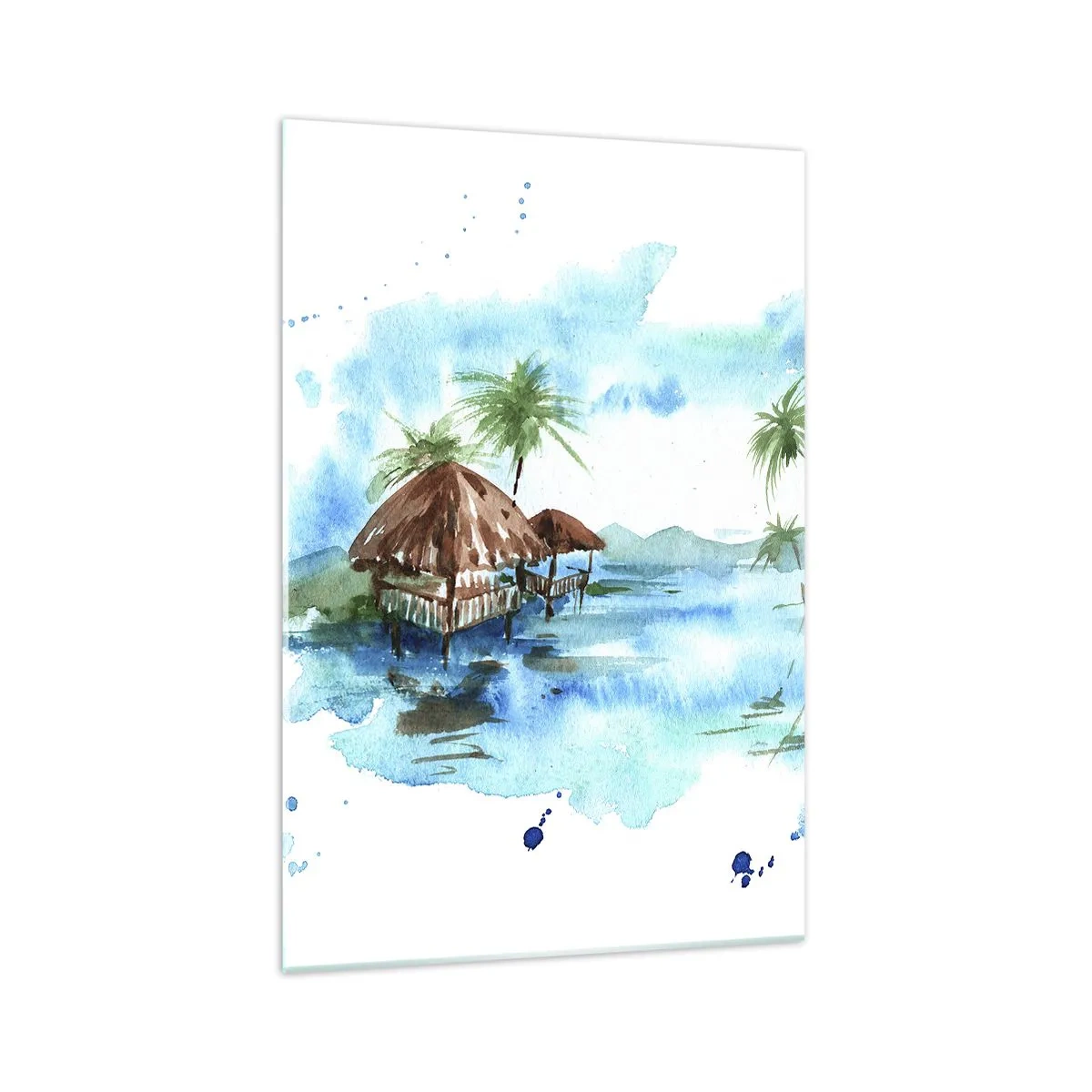 Quadro su vetro - Dipinto ad acquerello di un paesaggio tropicale con case e palme - 70x100cm - Da qualche parte nel Pacifico - Decorazione murale moderna per soggiorno e camera da letto ARTTOR
