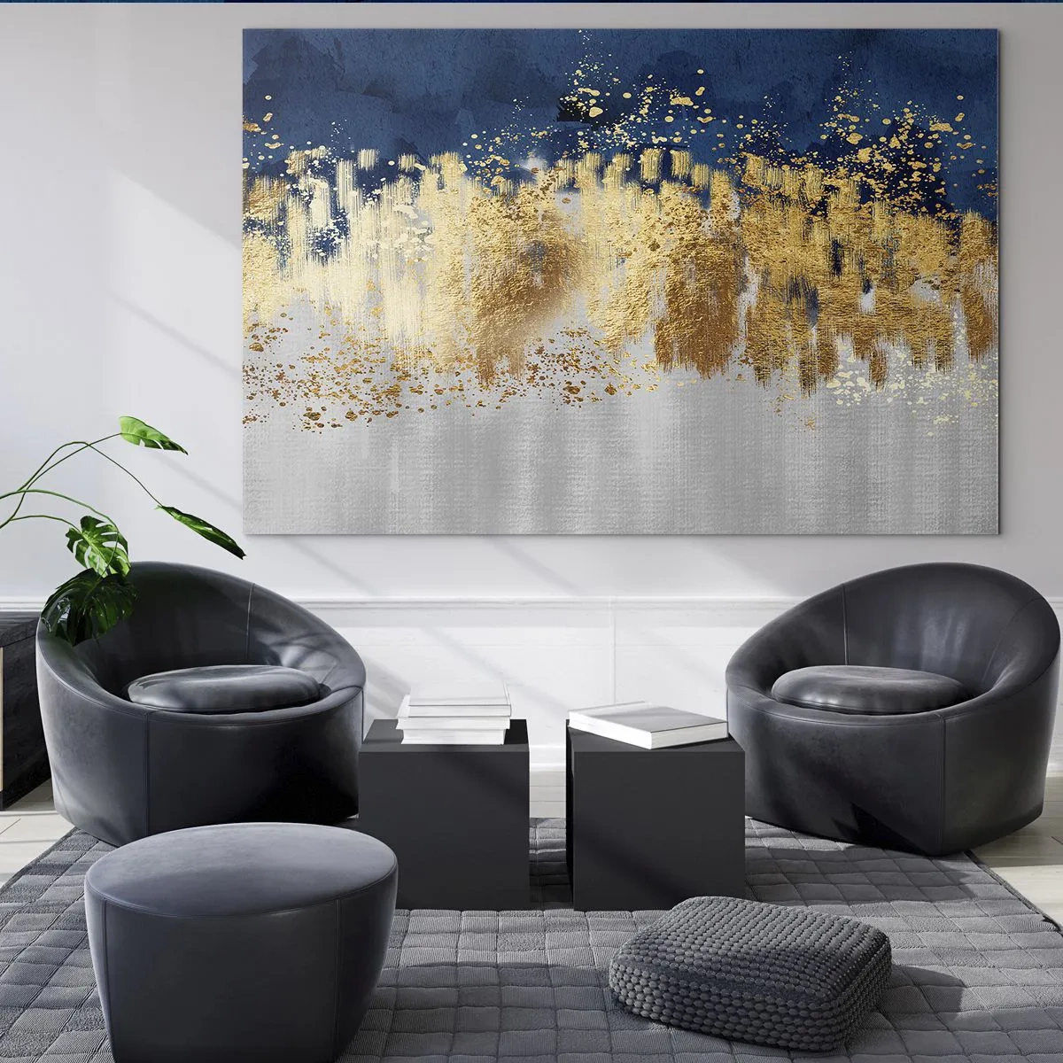 Quadro su vetro - Accenti dorati su sfondo blu navy e argento - 70x50cm - Composizione moderna con bagliore - Decorazione murale moderna per soggiorno e camera da letto ARTTOR