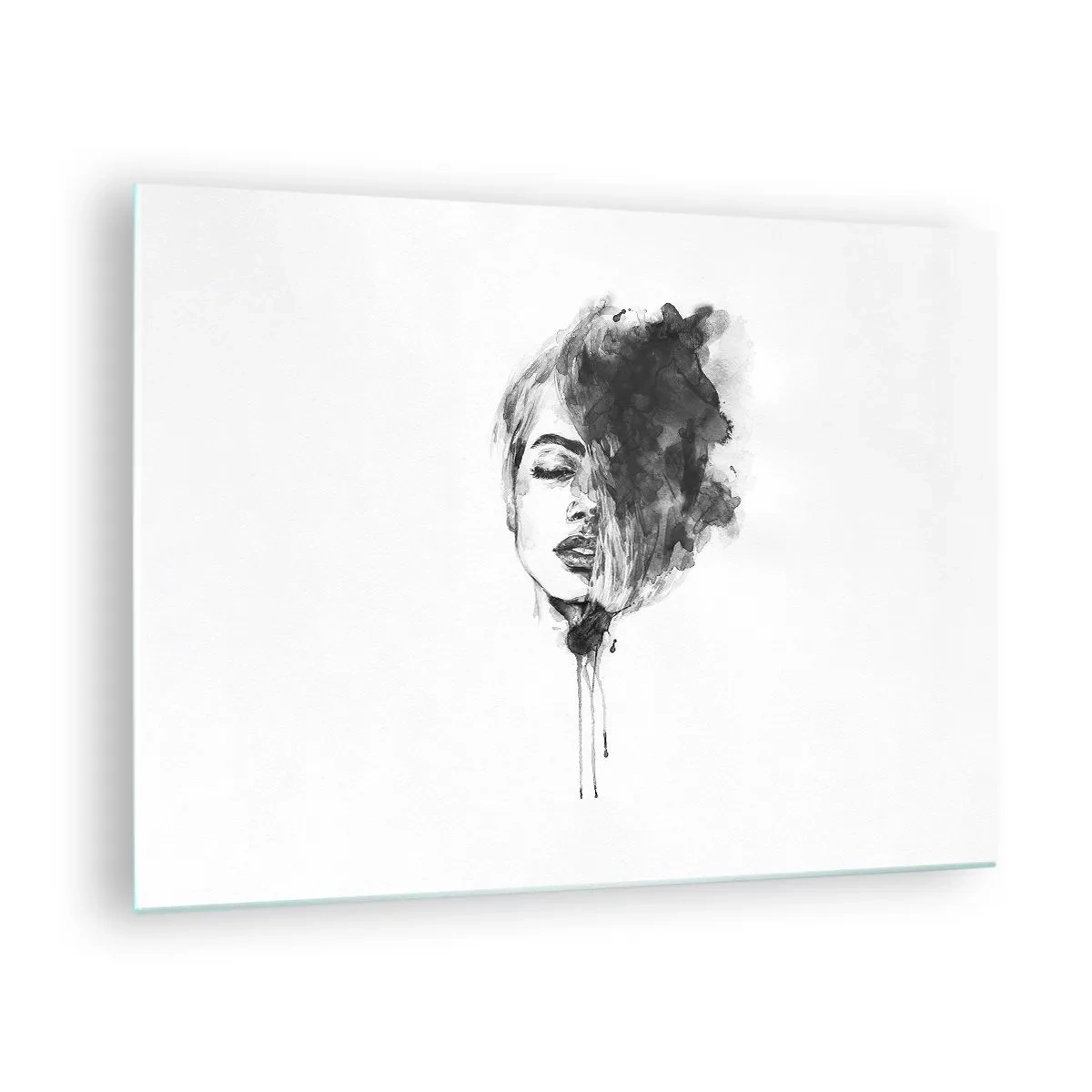 Quadro su vetro - Ritratto in bianco e nero di una donna con un'ombra astratta - 70x50cm - Cosa sogna la ragazza - Decorazione murale moderna per soggiorno e camera da letto ARTTOR