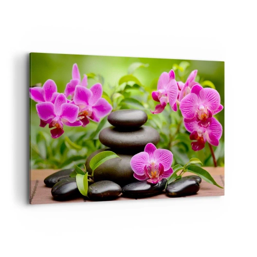 Quadro su tela - Stampe su Tela - Orchidee rosa con pietre su sfondo verde - 120x80cm - Piramide di pace - Decorazione murale moderna per soggiorno e camera da letto ARTTOR