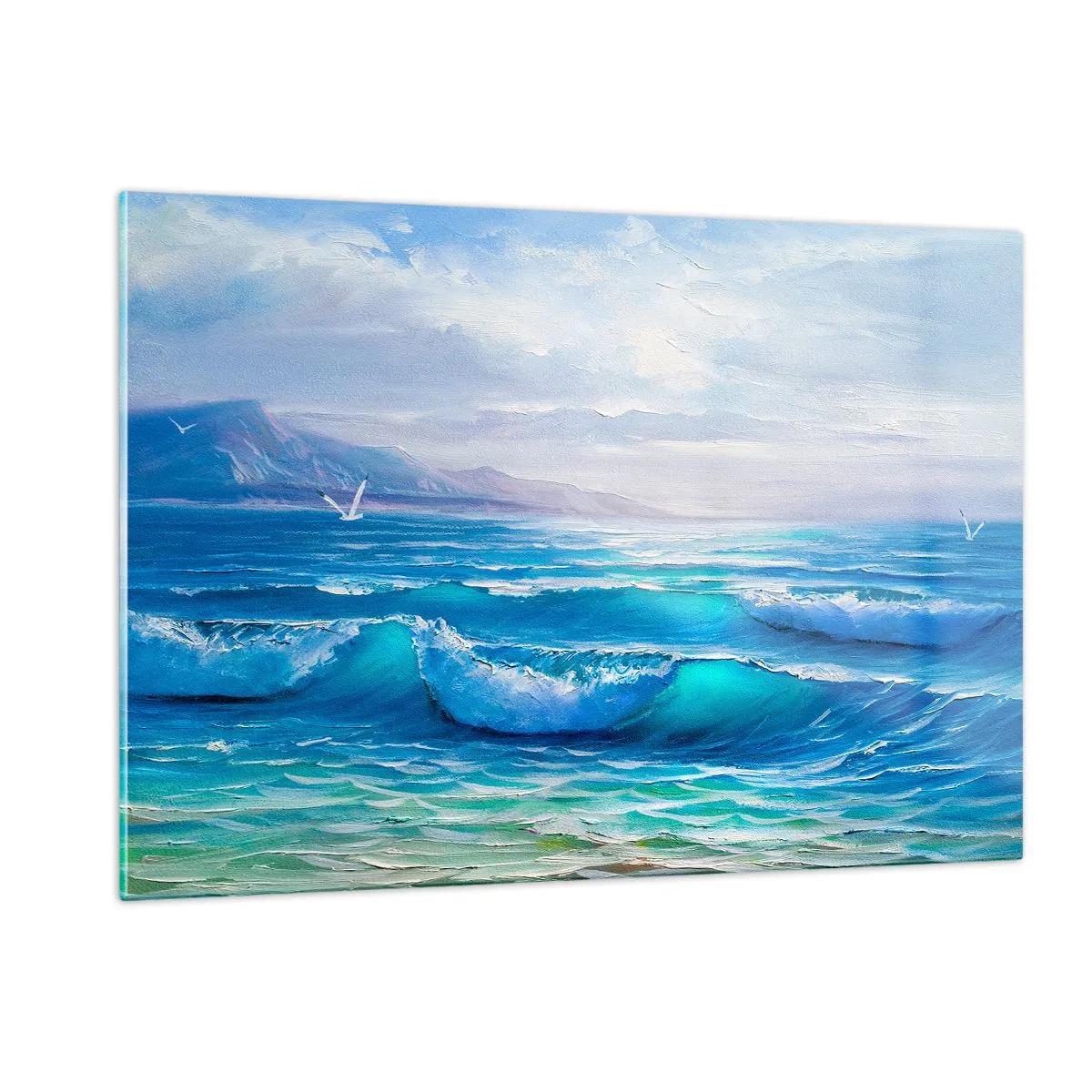 Quadro su vetro - Onde blu del mare che lambiscono la riva in una giornata di sole - 120x80cm - Porta sollievo - Decorazione murale moderna per soggiorno e camera da letto ARTTOR