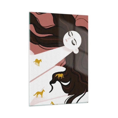 Quadro su vetro - Una donna con i capelli lunghi e cavalli dorati su sfondo rosa. - 50x70cm - Il sogno del cavallo d'oro - Decorazione murale moderna per soggiorno e camera da letto ARTTOR