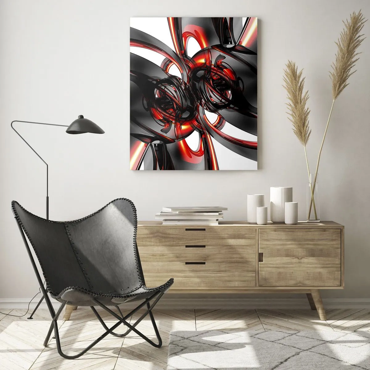 Quadro su vetro - Astrazione moderna in nero e rosso - 50x70cm - Movimento in grafite e rosso - Decorazione murale moderna per soggiorno e camera da letto ARTTOR