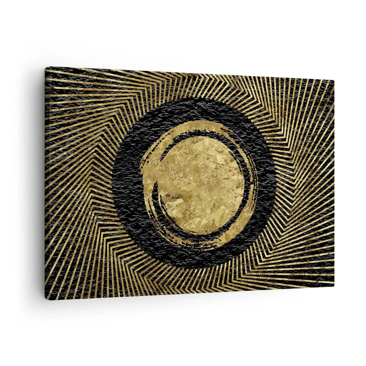 Quadro su tela - Stampe su Tela - Composizione geometrica in nero e oro con raggi - 70x50cm - Composizione glamour - Decorazione murale moderna per soggiorno e camera da letto ARTTOR