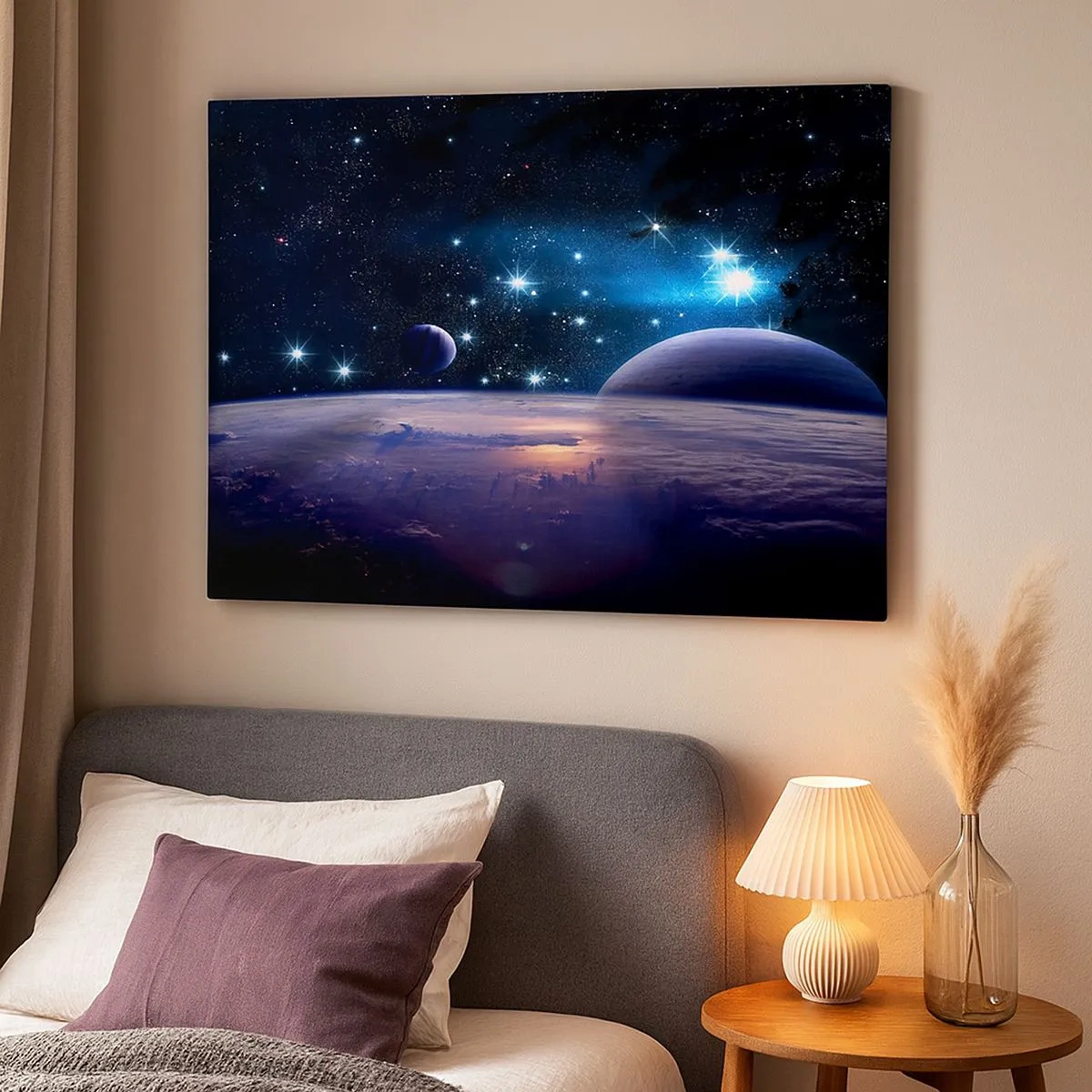 Quadro su tela - Stampe su Tela - Una vista dello spazio con pianeti e stelle - 70x50cm - Sempre da soli? - Decorazione murale moderna per soggiorno e camera da letto ARTTOR