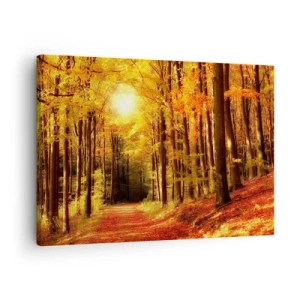 Quadro su tela - Stampe su Tela - Foresta autunnale con raggi di sole che brillano attraverso gli alberi - 70x50cm - Autunno dorato nella via nel bosco - Decorazione murale moderna per soggiorno e camera da letto ARTTOR