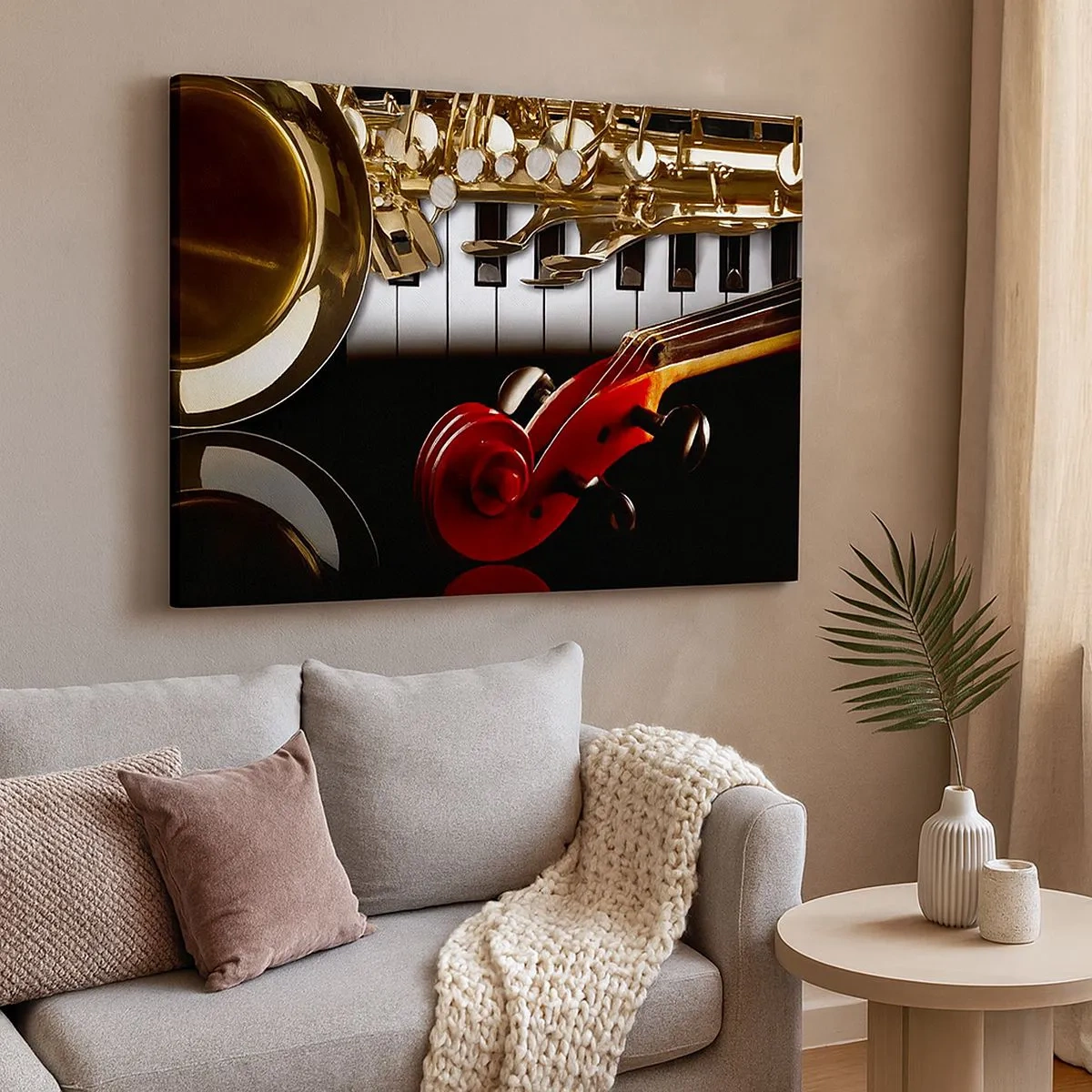 Quadro su tela - Stampe su Tela - Un sassofono dorato, tasti di pianoforte e un violino rosso - 70x50cm - Metallo, legno e avorio - Decorazione murale moderna per soggiorno e camera da letto ARTTOR