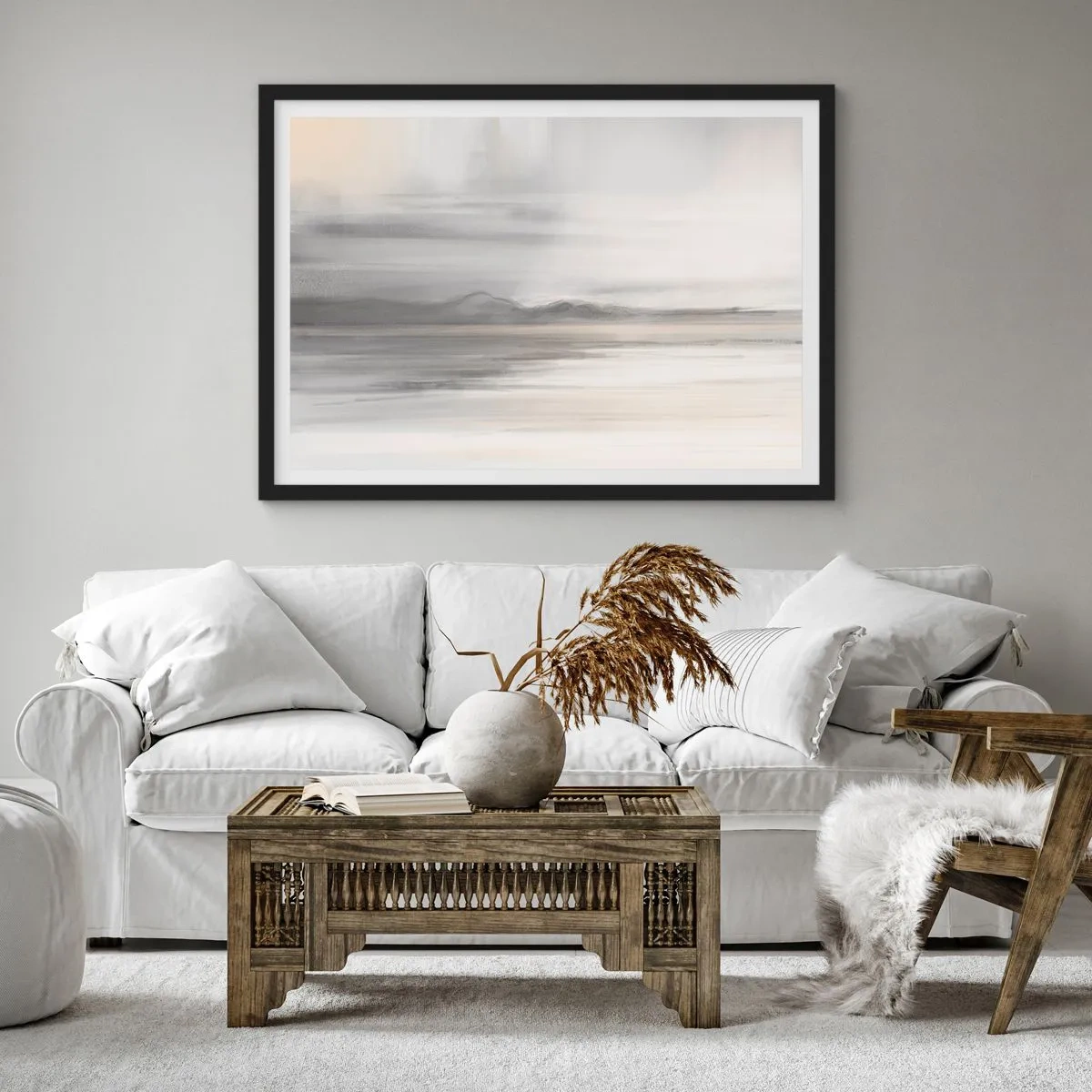 Poster in cornice nera - Un paesaggio delicato nei toni del grigio e del beige - 70x50cm - Orizzonte trasognato - Decorazione murale moderna per soggiorno e camera da letto ARTTOR