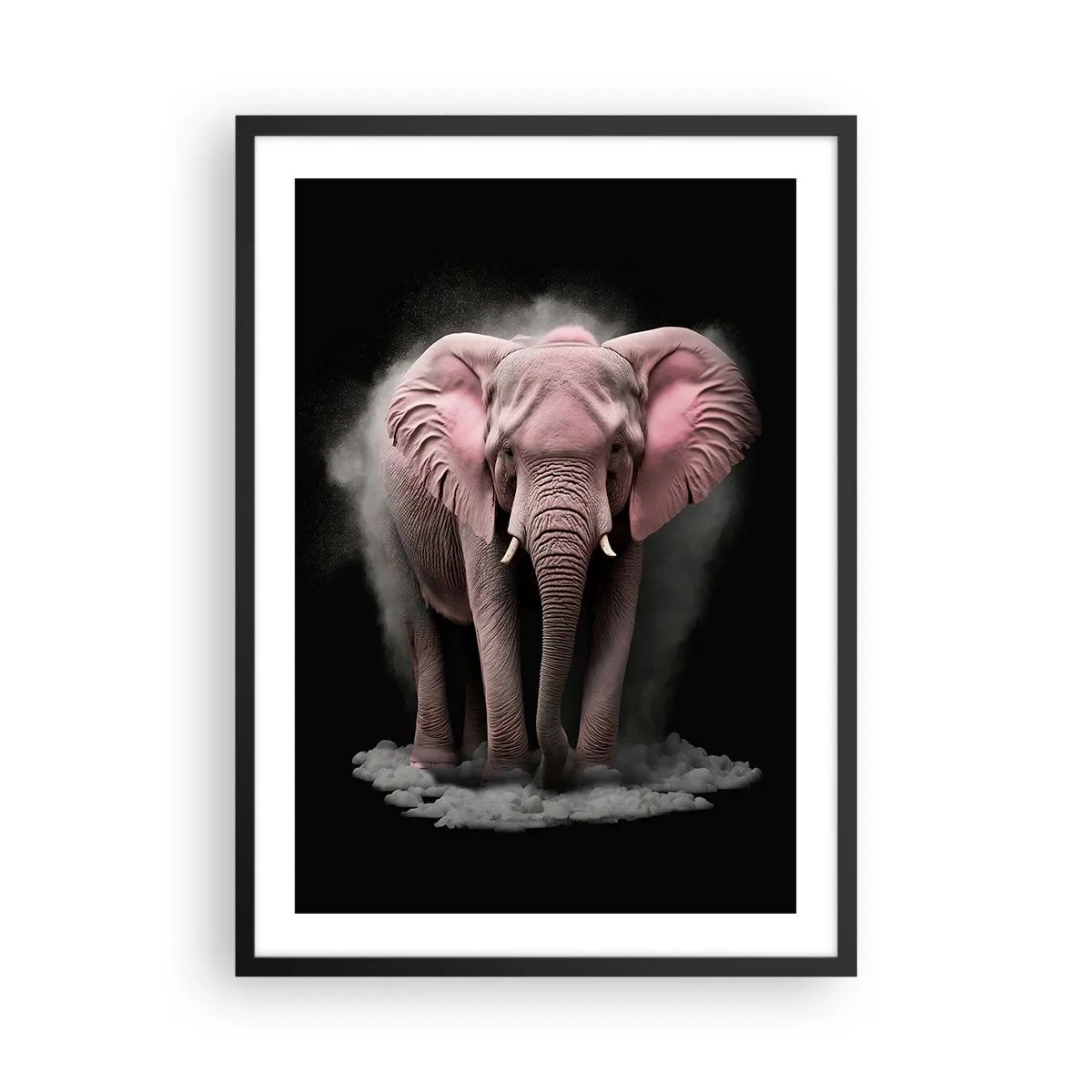 Poster in cornice nera - Un elefante rosa in uno spazio dinamico e nero - 50x70cm - Non pensare all'elefante rosa! - Decorazione murale moderna per soggiorno e camera da letto ARTTOR