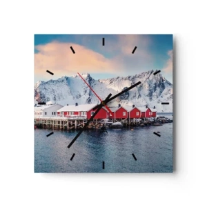 Orologio da parete - Orologio in Vetro - Case rosse sullo sfondo delle montagne innevate e del mare blu - 30x30cm - Atmosfera del nord - Decorazione murale moderna per soggiorno e camera da letto ARTTOR