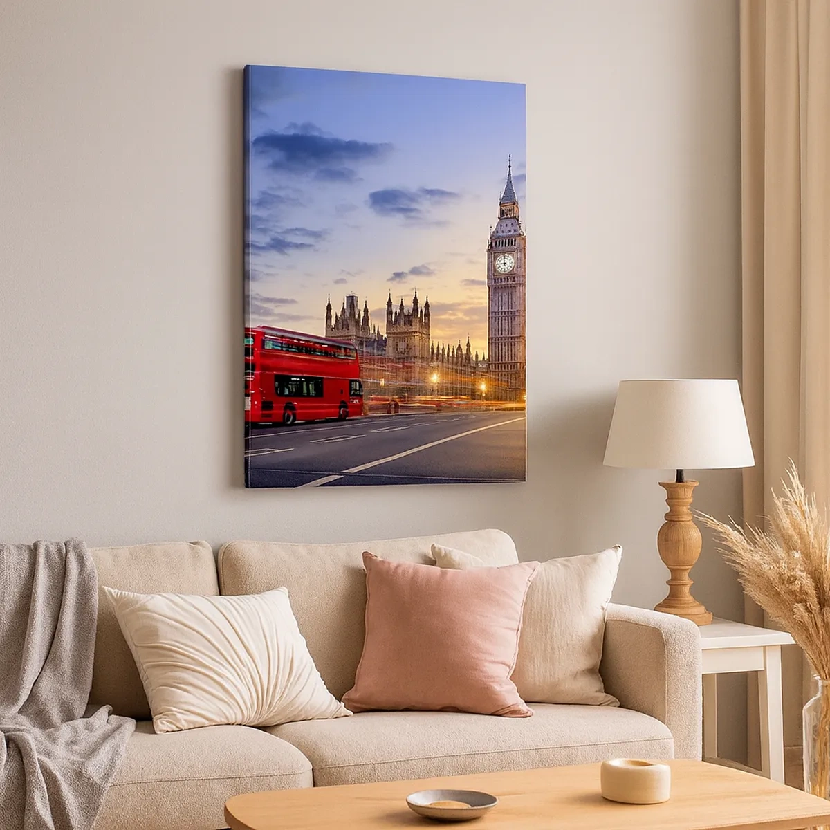 Quadro su tela - Stampe su Tela - Un autobus rosso con il Big Ben e il Parlamento sullo sfondo al tramonto. - 50x70cm - Segni particolari - Decorazione murale moderna per soggiorno e camera da letto ARTTOR
