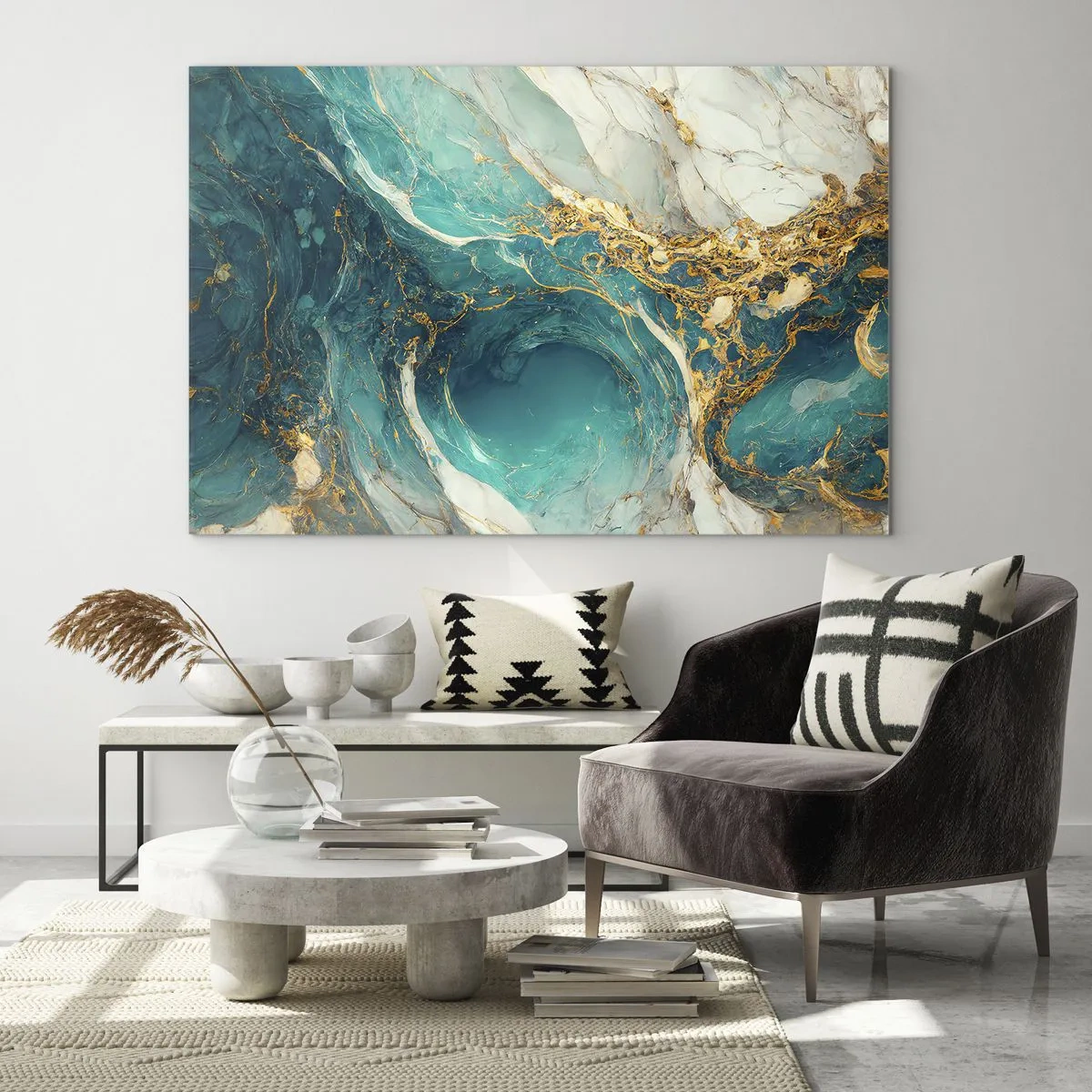 Quadro su vetro - Composizione astratta con venature turchesi e dorate - 100x70cm - Composizione con vene d'oro - Decorazione murale moderna per soggiorno e camera da letto ARTTOR