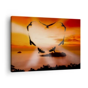 Quadro su tela - Stampe su Tela - Uccelli che formano un cuore sullo sfondo del sole al tramonto - 70x50cm - Ama il mondo come fanno gli uccelli - Decorazione murale moderna per soggiorno e camera da letto ARTTOR