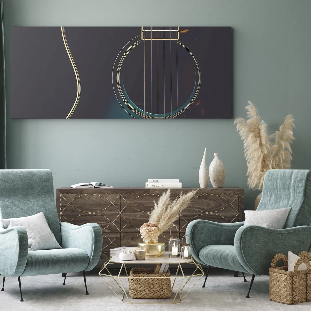 Quadro su tela - Stampe su Tela - Chitarra acustica in una luce scura ed elegante - 120x50cm - L'attimo prima del suono - Decorazione murale moderna per soggiorno e camera da letto ARTTOR