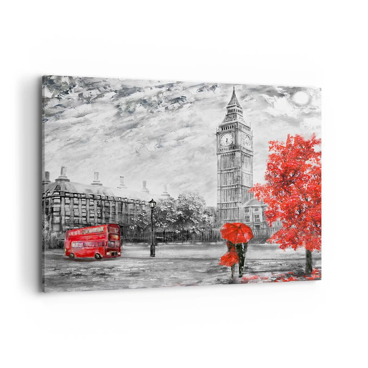 Quadro su tela - Stampe su Tela - Vista iconica di Londra con il Big Ben, un autobus rosso e un ombrello - 100x70cm - Un giorno eccitante - Decorazione murale moderna per soggiorno e camera da letto ARTTOR