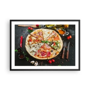 Poster in cornice nera - Pizza in vari gusti con uno sfondo di condimenti - 70x50cm - Ventaglio di gusti - Decorazione murale moderna per soggiorno e camera da letto ARTTOR