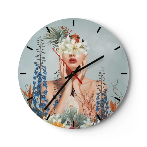 Orologio da parete - Orologio in Vetro - Una donna con un mazzo di fiori esotici che le copre gli occhi. - 30x30cm - Donna - fiore - Decorazione murale moderna per soggiorno, cucina e camera da letto ARTTOR