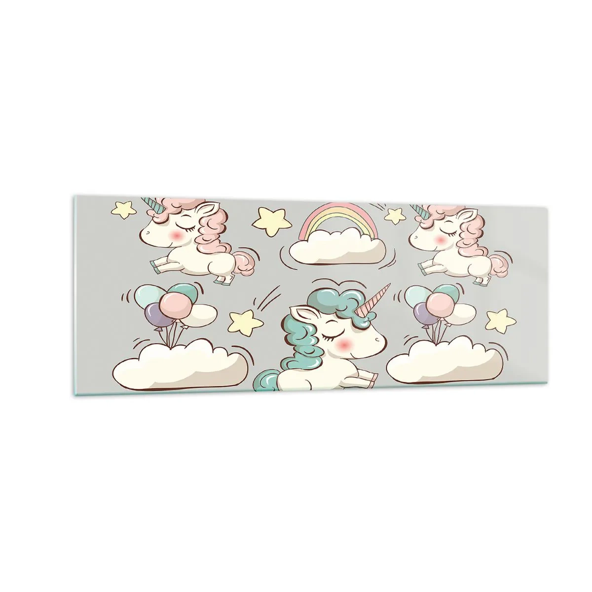 Quadro su vetro - Simpatici unicorni su sfondo pastello - 140x50cm - Sicuramente esistono… - Decorazione murale moderna per soggiorno e camera da letto ARTTOR