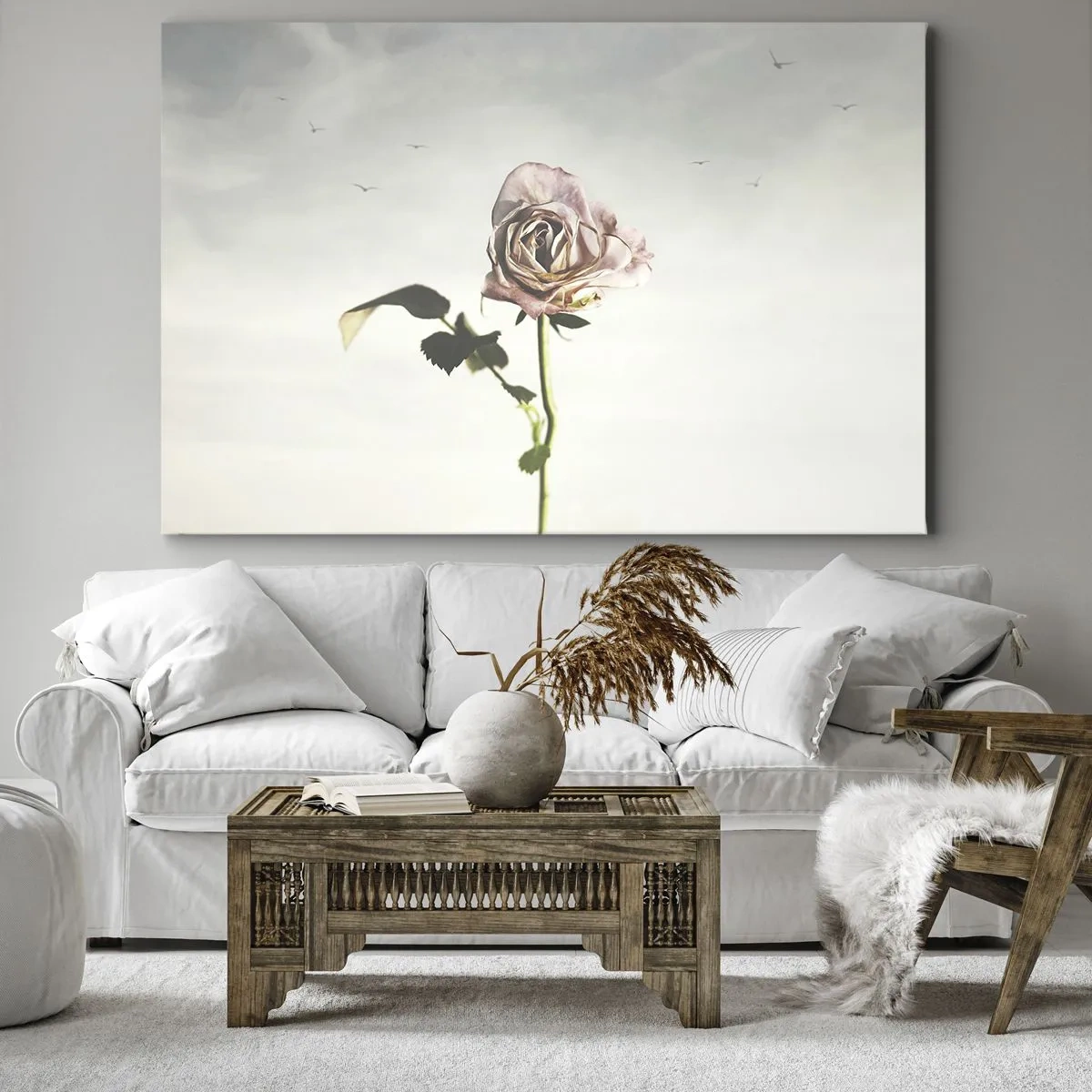 Quadro su tela - Stampe su Tela - Una rosa delicata contro un cielo luminoso con uccelli che volano - 120x80cm - Il benvenuto alla primavera - Decorazione murale moderna per soggiorno e camera da letto ARTTOR
