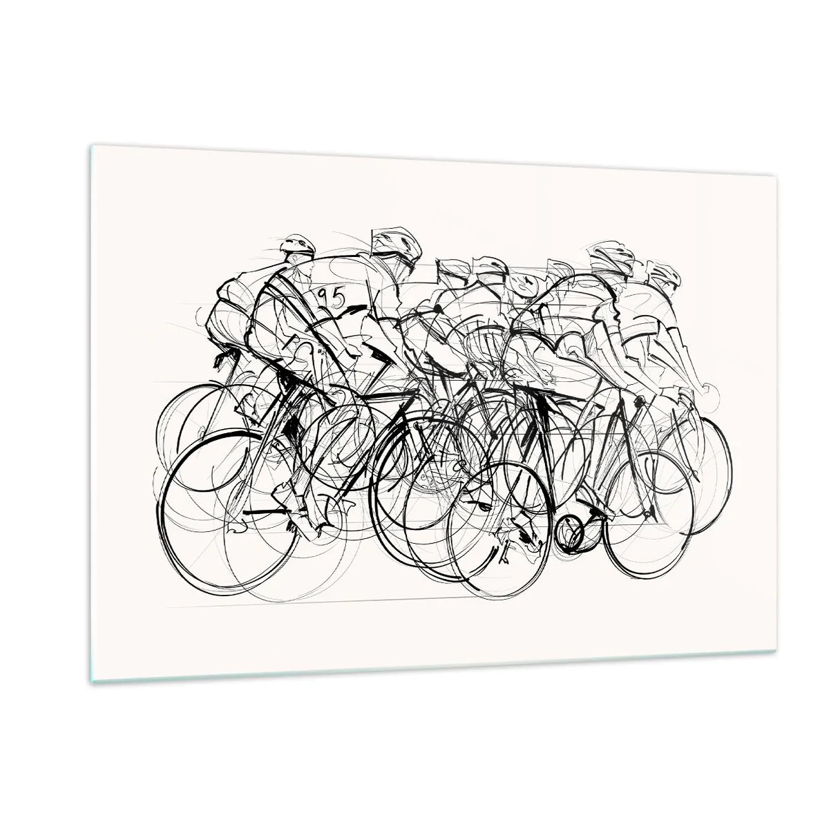 Quadro su vetro - Schizzo di un gruppo di ciclisti durante una gara su sfondo bianco - 120x80cm - Insieme - Decorazione murale moderna per soggiorno e camera da letto ARTTOR