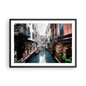 Poster in cornice nera - Un canale a Venezia con una gondola ed edifici storici - 70x50cm - Paesaggio veneziano con gondola e ponte - Decorazione murale moderna per soggiorno e camera da letto ARTTOR