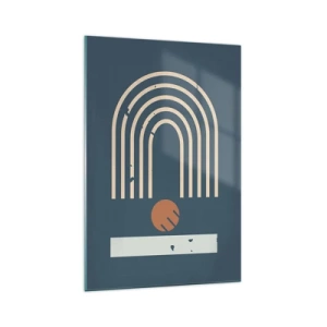 Quadro su vetro - Motivo geometrico nei toni del blu navy, beige e arancione su sfondo scuro - 70x100cm - Geometria in blu - Decorazione murale moderna per soggiorno e camera da letto ARTTOR