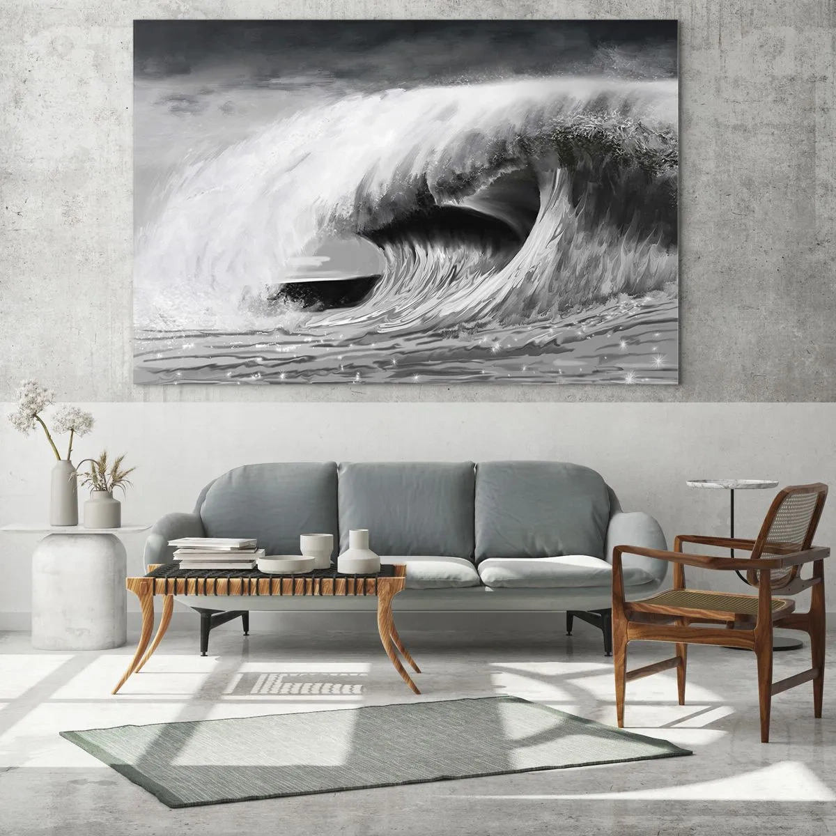 Quadro su vetro - Un'onda potente catturata in un'estetica in bianco e nero - 70x50cm - La furia dell'oceano - Decorazione murale moderna per soggiorno e camera da letto ARTTOR