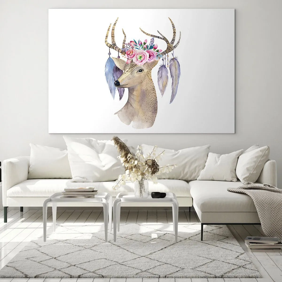 Quadro su vetro - Cervo con corona di fiori e piume - 100x70cm - Guida delle anime: delicato e innocente - Decorazione murale moderna per soggiorno e camera da letto ARTTOR
