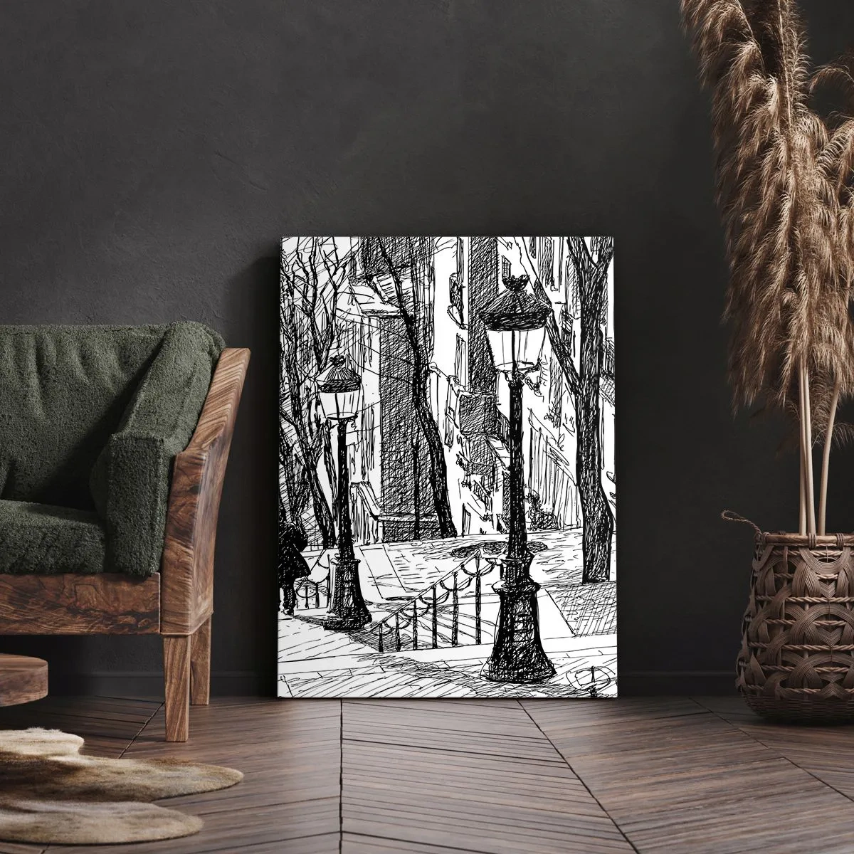Quadro su tela - Stampe su Tela - Una strada con lampioni e una sagoma umana in tecnica di schizzo - 50x70cm - Storia d'amore o racconto di paura? - Decorazione murale moderna per soggiorno e camera da letto ARTTOR