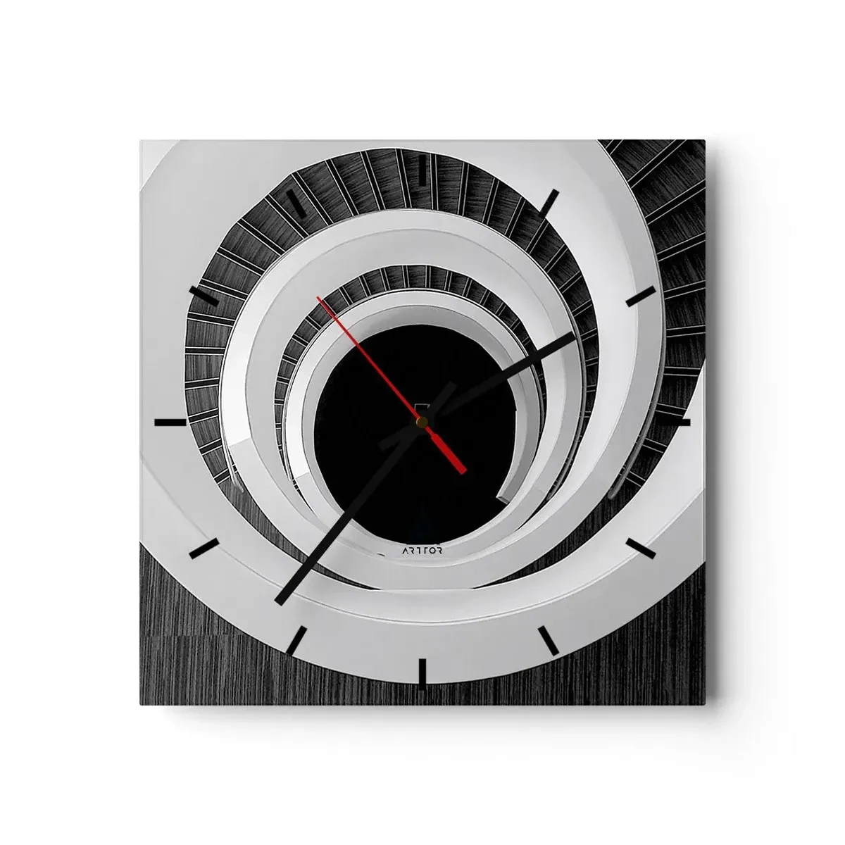 Orologio da parete - Orologio in Vetro - Scala a chiocciola bianca e nera in stile moderno - 30x30cm - Verso l'essenza delle cose - Decorazione murale moderna per soggiorno e camera da letto ARTTOR