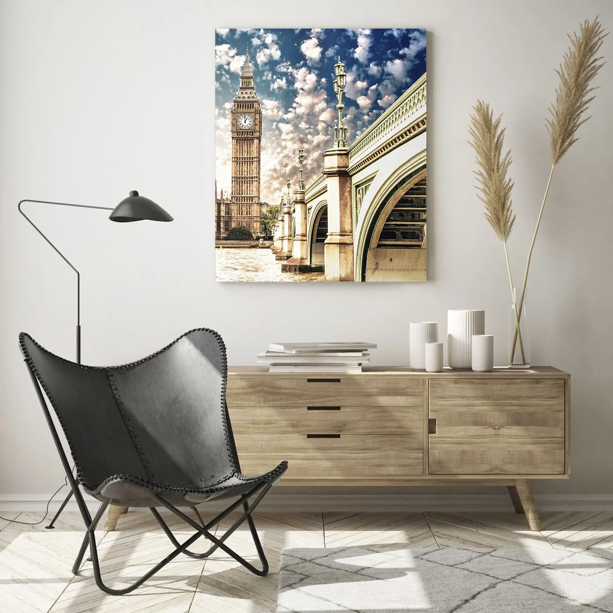 Quadro su vetro - Big Ben e Westminster Bridge a Londra - 50x70cm - Cirri sul Tamigi - Decorazione murale moderna per soggiorno e camera da letto ARTTOR
