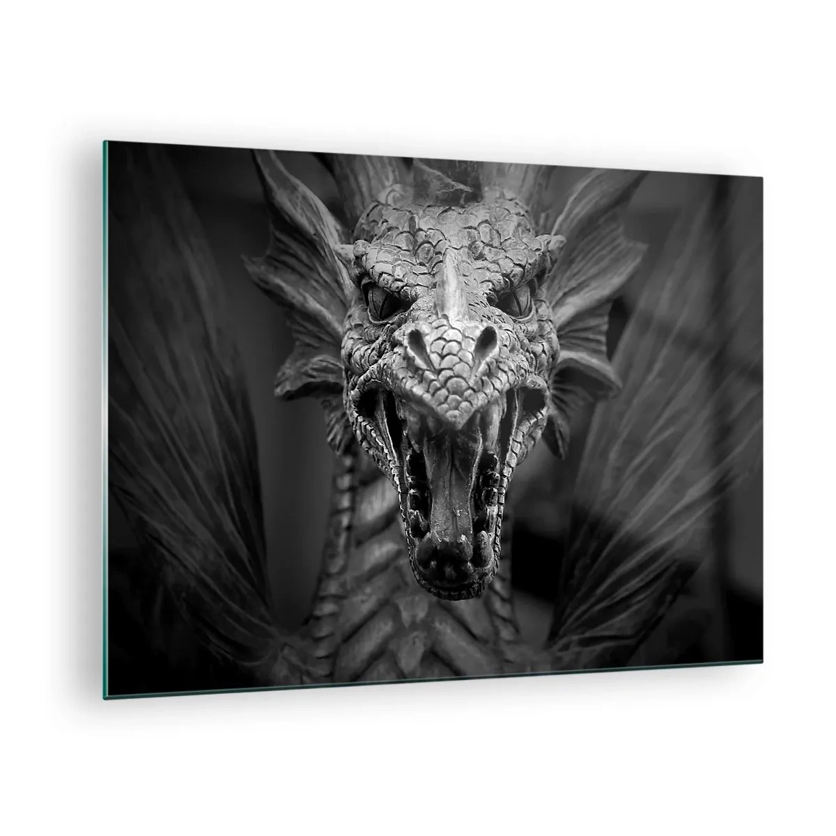 Quadro su vetro - Ritratto dettagliato di un drago in bianco e nero - 70x50cm - Drago favoloso in grigio - Decorazione murale moderna per soggiorno e camera da letto ARTTOR