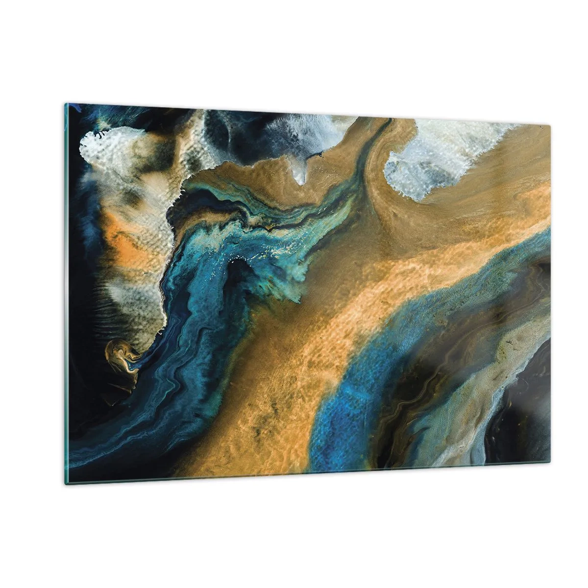 Quadro su vetro - Composizione astratta nei toni del blu e dell'oro - 120x80cm - Blu-oro: influenza reciproca - Decorazione murale moderna per soggiorno e camera da letto ARTTOR