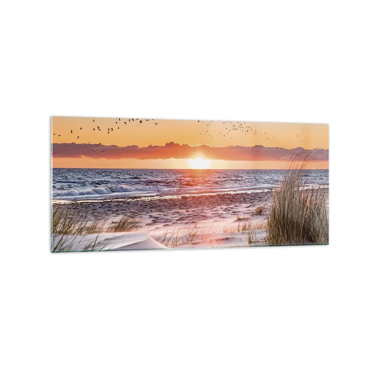 Quadro su vetro - Tramonto sul mare con vista sulle dune - 120x50cm - Paesaggio orizzontale - Decorazione murale moderna per soggiorno e camera da letto ARTTOR