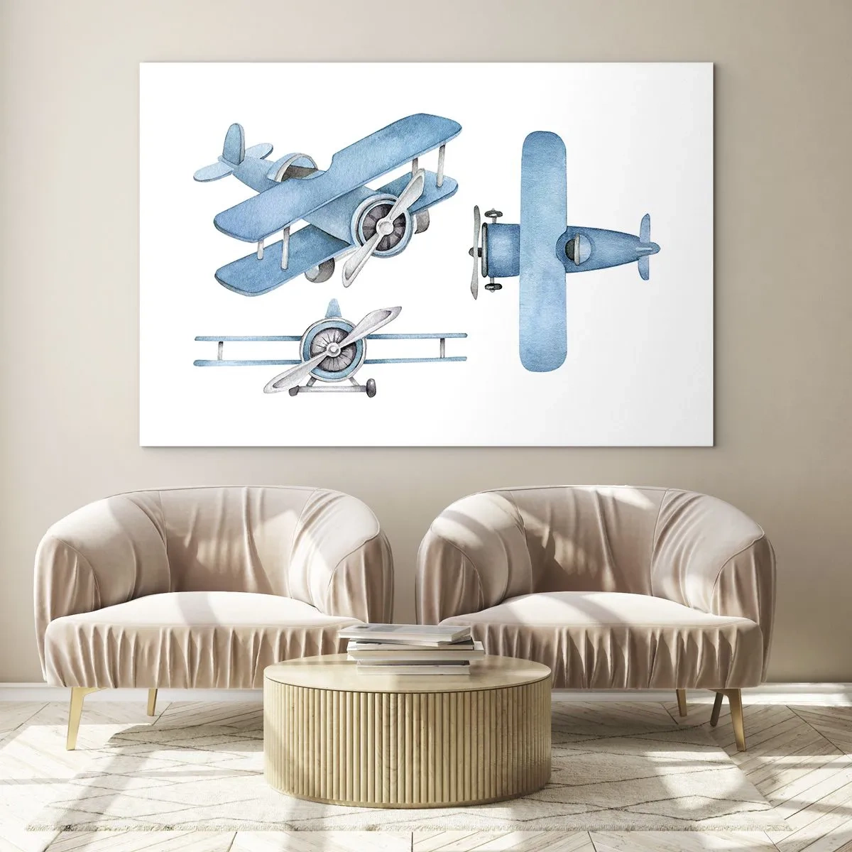 Quadro su vetro - Aeroplani retrò blu su sfondo bianco per bambini - 70x50cm - Nato per vincere - Decorazione murale moderna per soggiorno e camera da letto ARTTOR