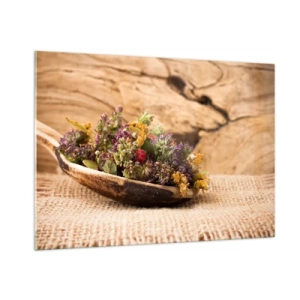 Quadro su vetro - Erbe essiccate in un cucchiaio di legno su uno sfondo rustico - 100x70cm - Fiori colorati ed erbe odorose - Decorazione murale moderna per soggiorno e camera da letto ARTTOR
