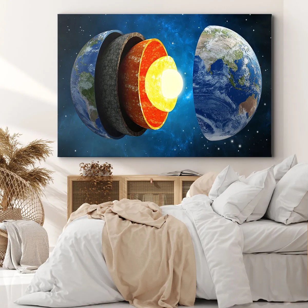 Quadro su tela - Stampe su Tela - Una sezione trasversale della Terra che mostra i suoi strati nello spazio. - 70x50cm - Viaggio al centro della terra - Decorazione murale moderna per soggiorno e camera da letto ARTTOR