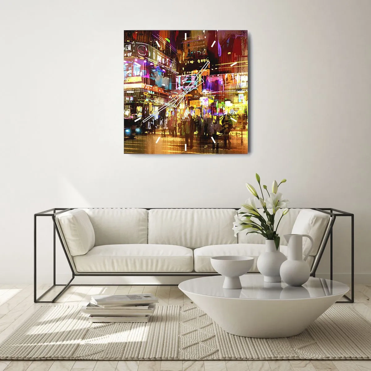 Orologio da parete - Orologio in Vetro - Una città vibrante di notte alla luce del neon - 30x30cm - Nel mare di luce - Decorazione murale moderna per soggiorno e camera da letto ARTTOR