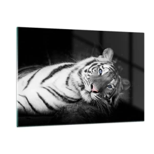 Quadro su vetro - Una tigre bianca con gli occhi azzurri in un ambiente bianco e nero - 120x80cm - Selvaggità e pace - Decorazione murale moderna per soggiorno e camera da letto ARTTOR