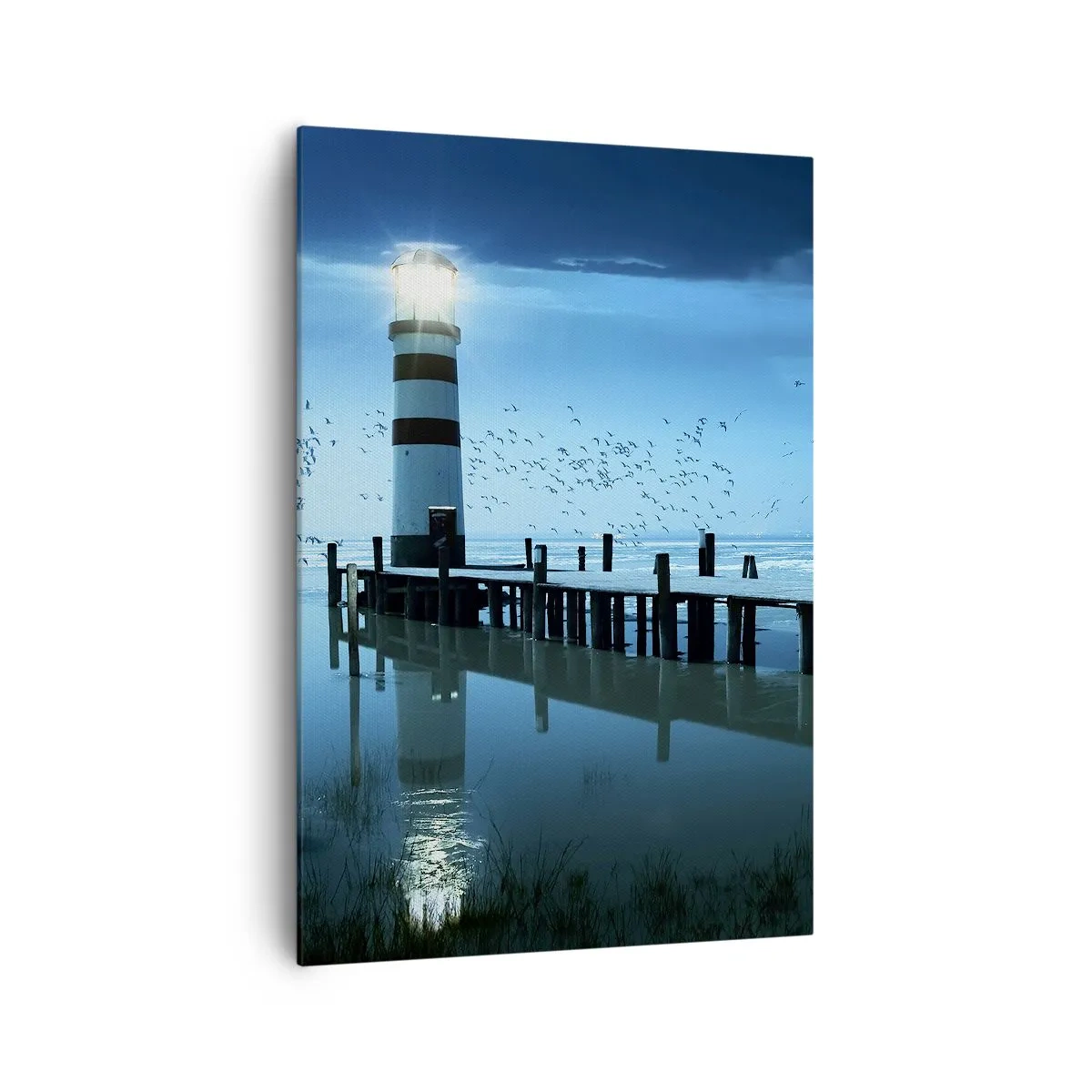 Quadro su tela - Stampe su Tela - Il faro sul molo illuminato di notte - 70x100cm - E passa la paura del buio - Decorazione murale moderna per soggiorno e camera da letto ARTTOR