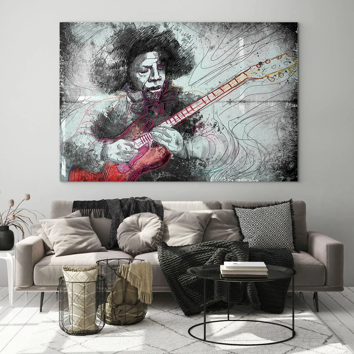 Quadro su vetro - Ritratto artistico di un musicista con una chitarra elettrica - 120x80cm - Sulle onde della musica - Decorazione murale moderna per soggiorno e camera da letto ARTTOR