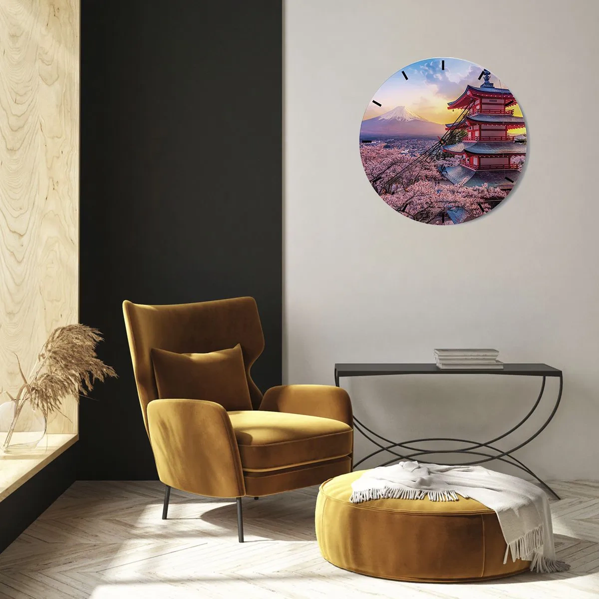 Orologio da parete - Orologio in Vetro - Una pagoda tra i fiori di ciliegio con il Monte Fuji sullo sfondo - 30x30cm - L'essenza dell'anima giapponese - Decorazione murale moderna per soggiorno, cucina e camera da letto ARTTOR