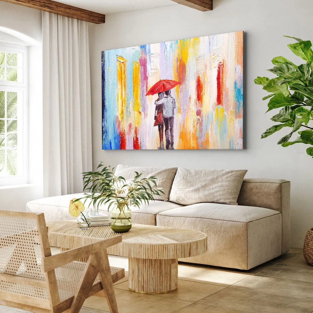 Quadro su tela - Stampe su Tela - Una coppia sotto un ombrello rosso con edifici colorati sullo sfondo. - 120x80cm - Che piova ancora - Decorazione murale moderna per soggiorno e camera da letto ARTTOR