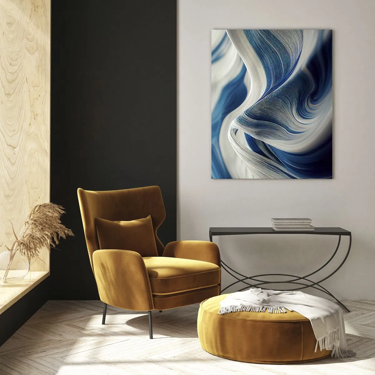 Quadro su vetro - Onde astratte nei toni del blu e del bianco - 70x100cm - Fluidità di blu e di bianco - Decorazione murale moderna per soggiorno e camera da letto ARTTOR
