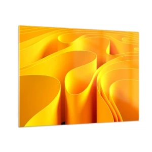 Quadro su vetro - Onde astratte nei toni dell'oro e dell'arancione - 70x50cm - Come onde di sole - Decorazione murale moderna per soggiorno e camera da letto ARTTOR