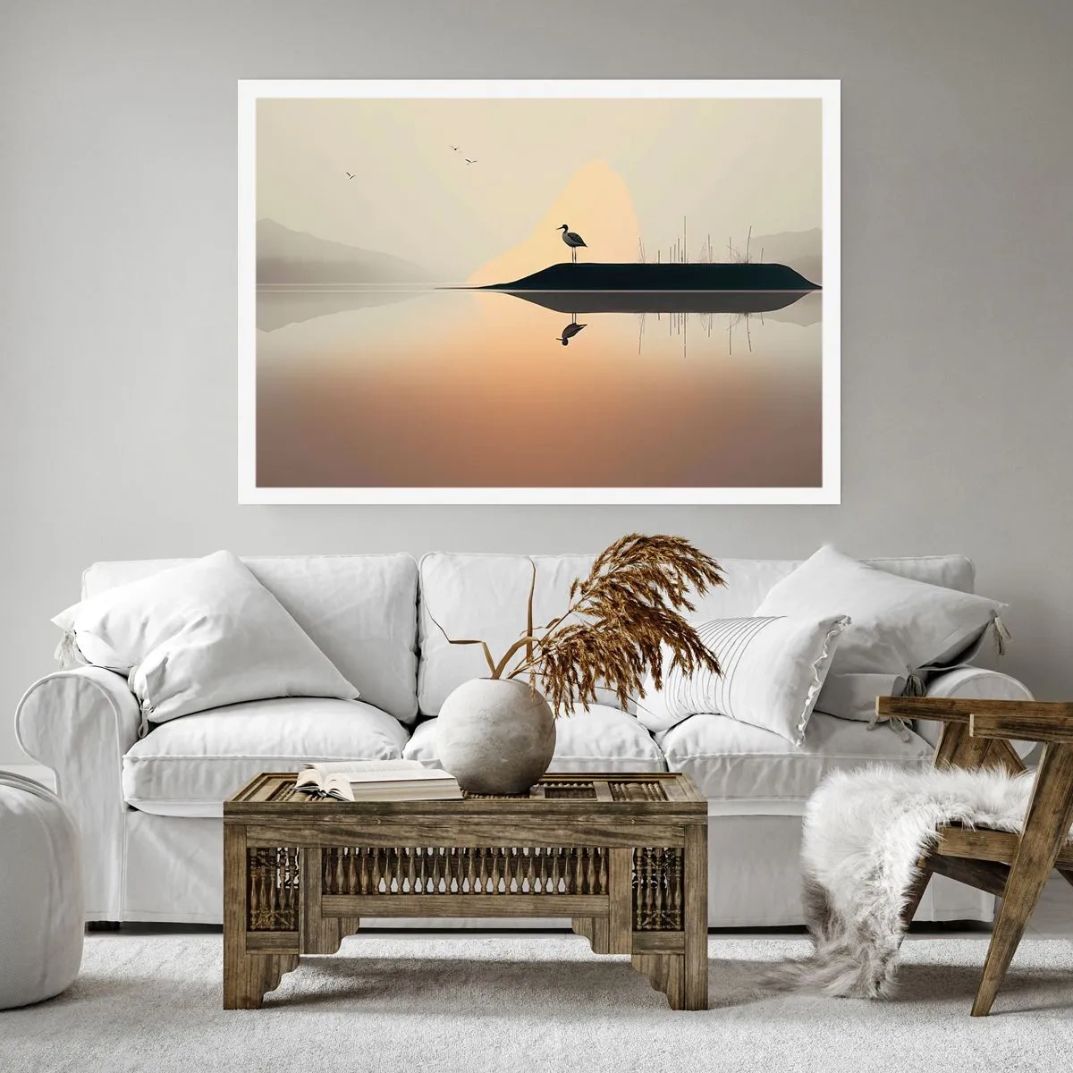 Poster - Un uccello su un'isola in un lago calmo con tonalità calde - 100x70cm - Il signore del lago - Decorazione murale moderna per soggiorno e camera da letto ARTTOR
