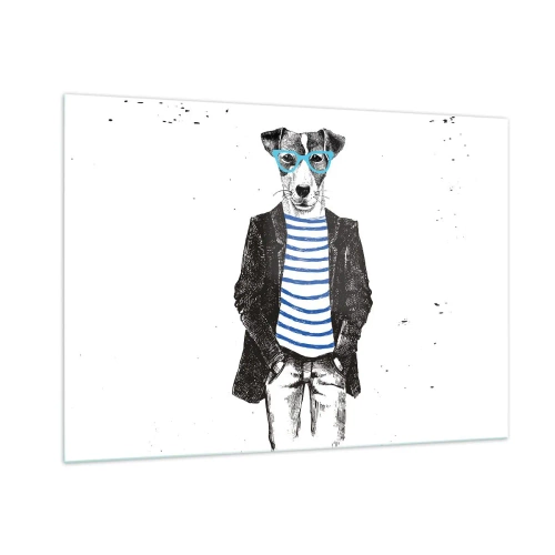 Quadro su vetro - Illustrazione di un cane che indossa una camicia da marinaio e occhiali su uno sfondo bianco - 100x70cm - Incantesimo sul cane - Decorazione murale moderna per soggiorno e camera da letto ARTTOR