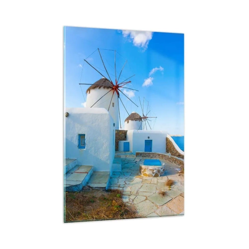 Quadro su vetro - Mulini a vento bianchi sulle rive del mare blu - 80x120cm - Vento azzurro sul mare - Decorazione murale moderna per soggiorno e camera da letto ARTTOR