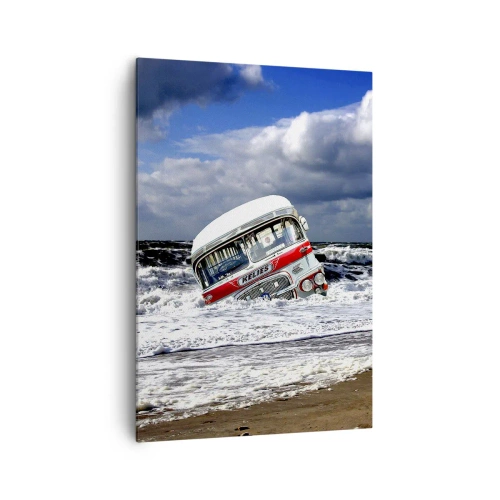 Quadro su tela - Stampe su Tela - Un autobus affondato sulla spiaggia tra onde e mare mosso - 70x100cm - Ti meravigli? - Decorazione murale moderna per soggiorno e camera da letto ARTTOR